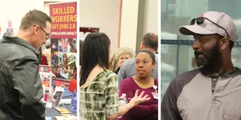 Three photo of people at a job fair