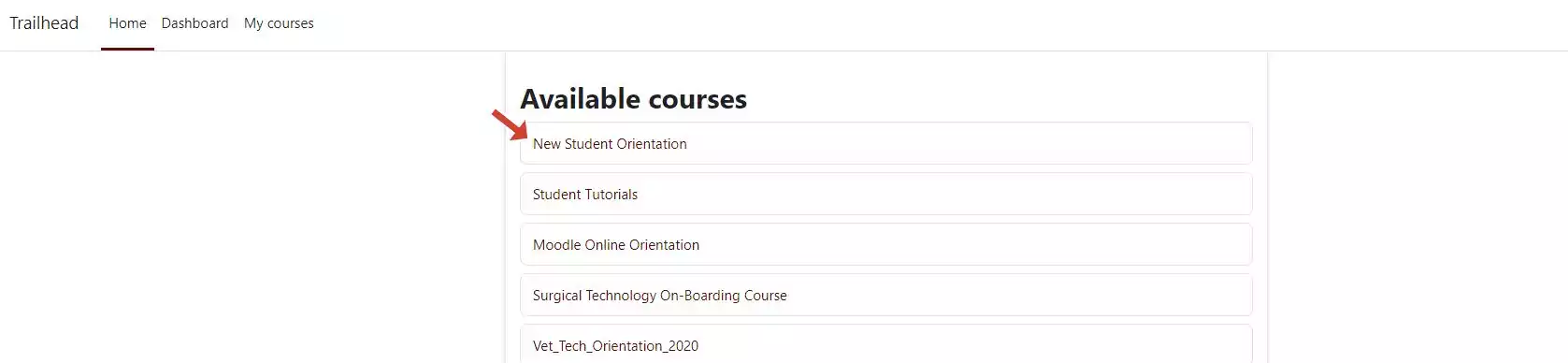 Image depicting the list of courses that are available under the "home" section.
